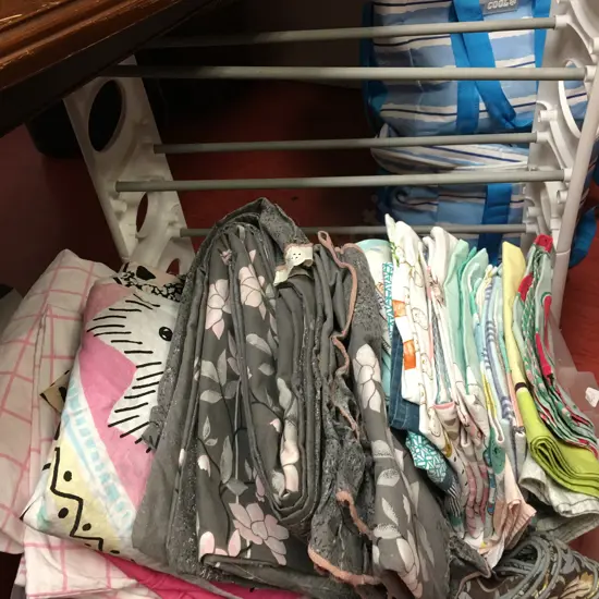 Shoe Rack & Selection Of Linen In Clear Bin - Including Tea Towels, Duvet Covers Etc