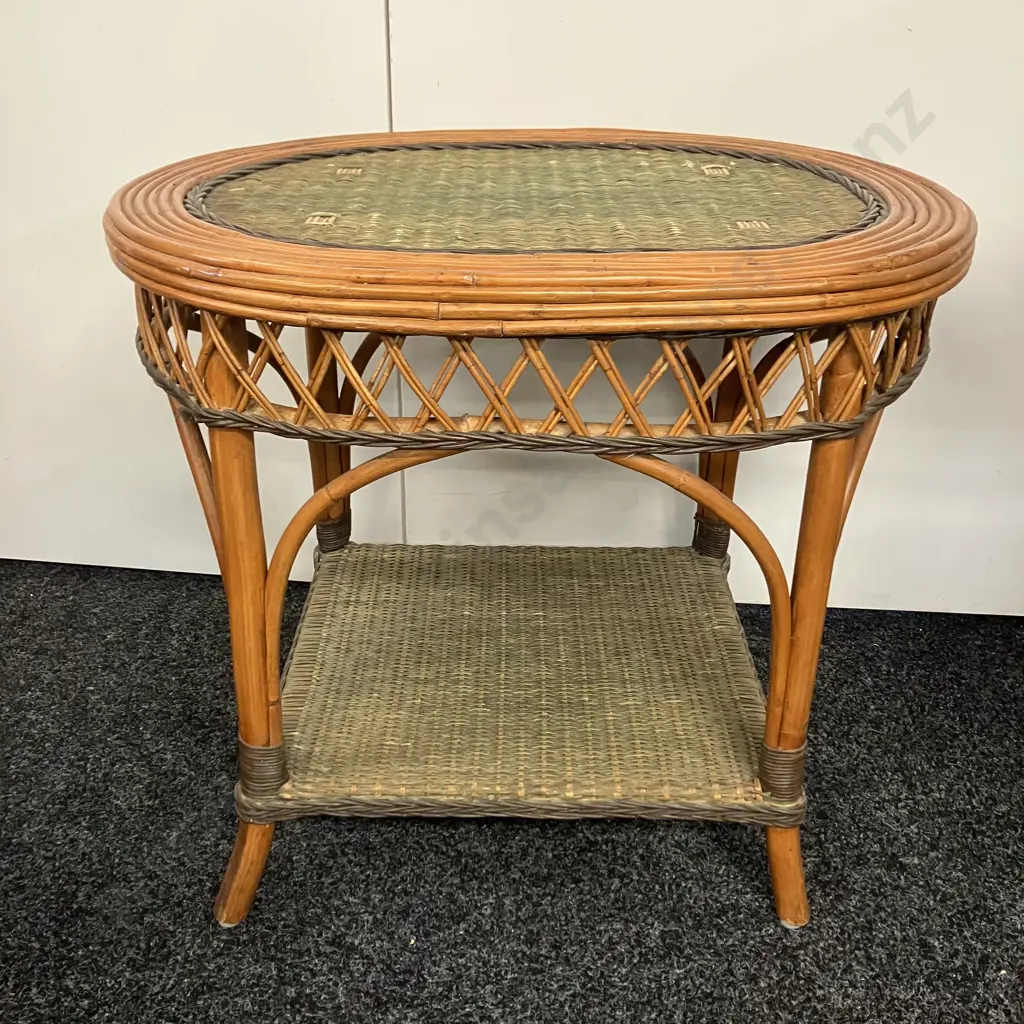 Pair of Grange Style Woven Wicker Rattan Lounge Chairs & Oval Side Table Image 1++