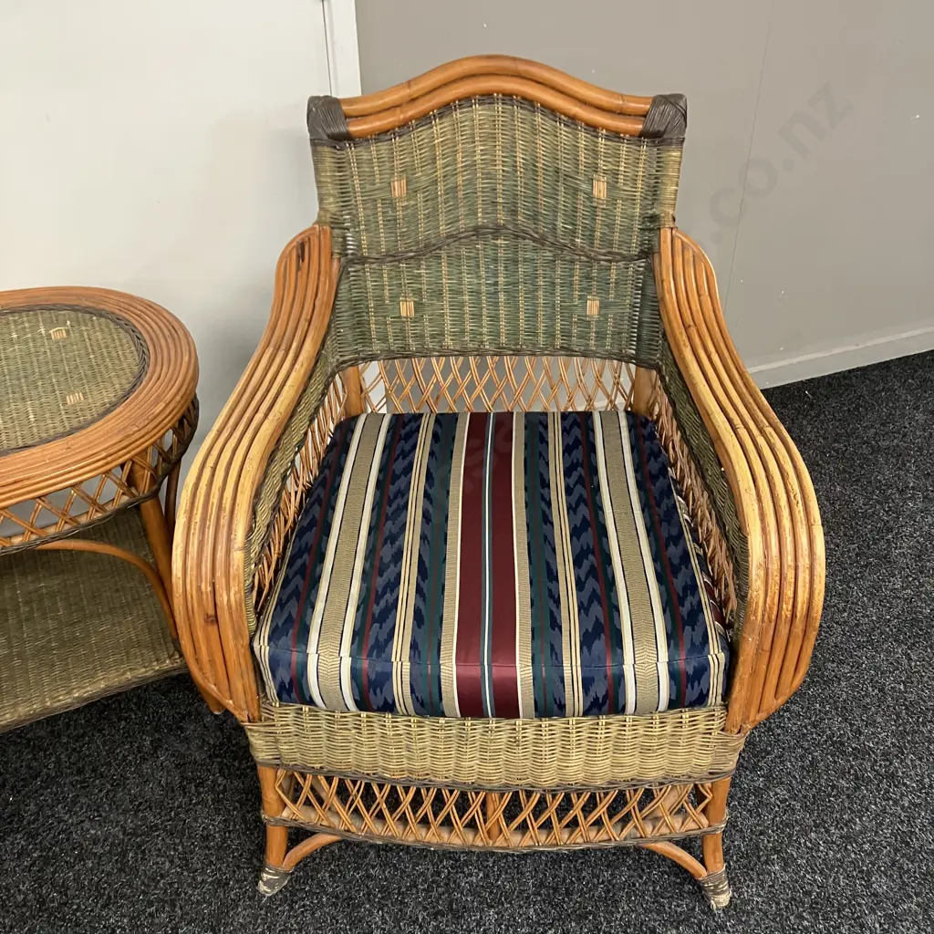 Pair of Grange Style Woven Wicker Rattan Lounge Chairs & Oval Side Table Image 1++