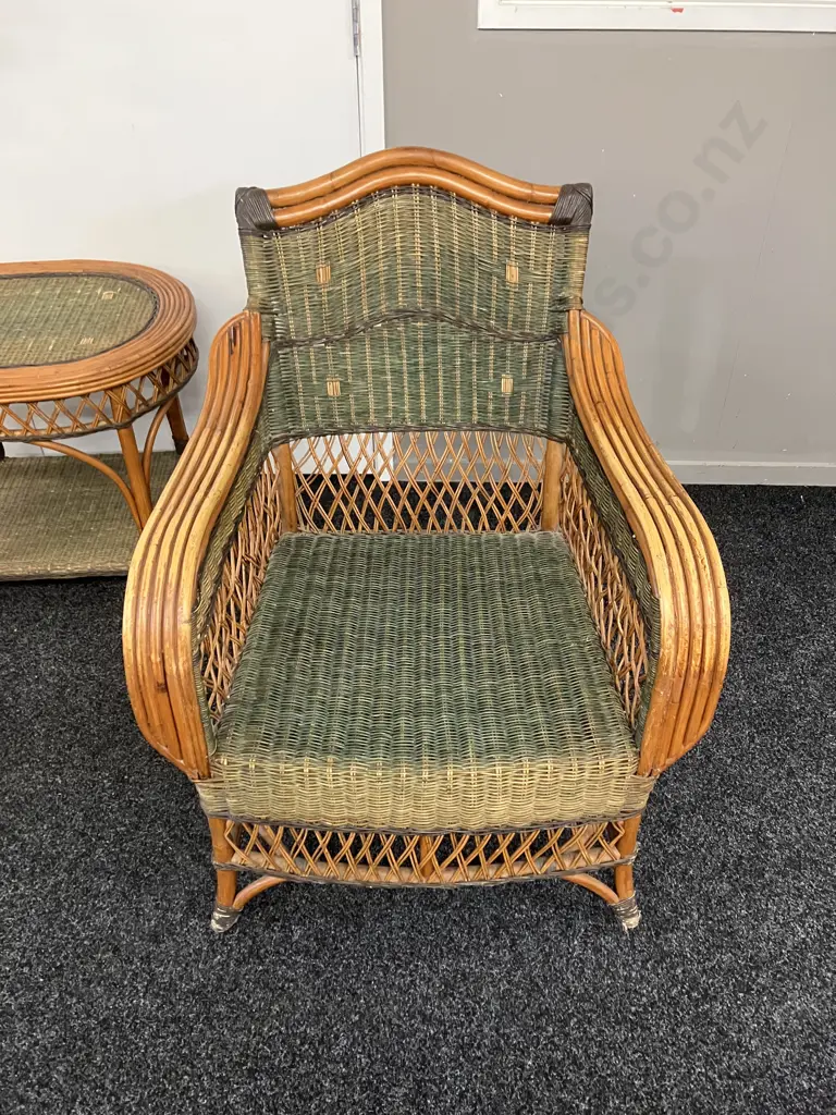 Pair of Grange Style Woven Wicker Rattan Lounge Chairs & Oval Side Table Image 1++