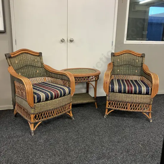 Pair of Grange Style Woven Wicker Rattan Lounge Chairs & Oval Side Table