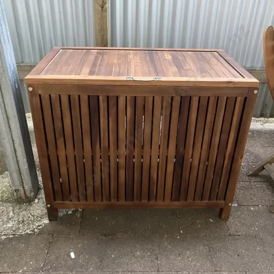 Teak Slat Storage Box With Hinged Lid. H70 W87 D52cm