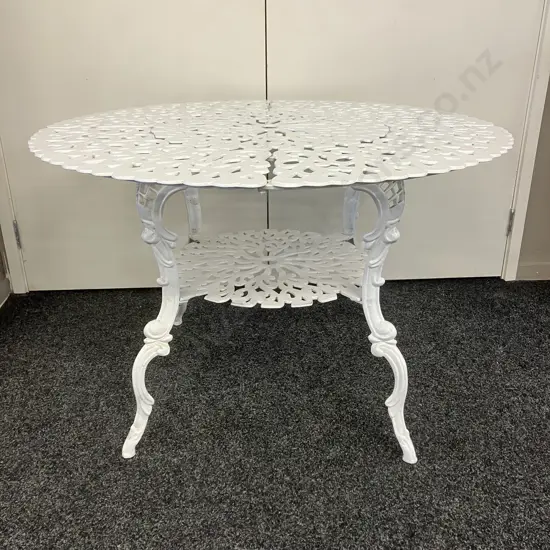 White Painted Ornate Cast Aluminum Table. 64 x 99cm