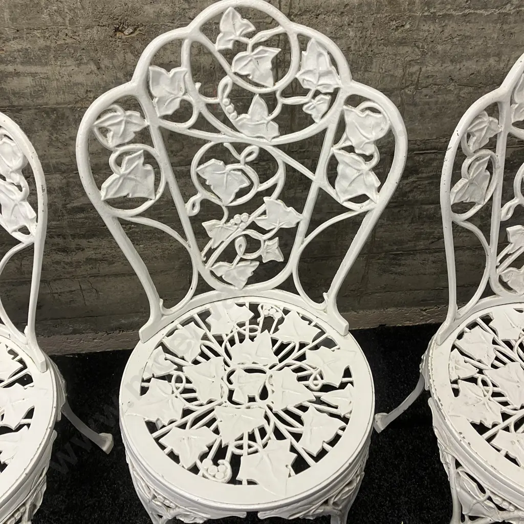 Set of 4 Vintage Outdoor White Cast Aluminum Ornate Ivy Patterned Chairs Image 1++