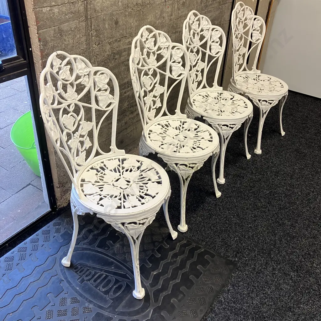 Set of 4 Vintage Outdoor White Cast Aluminum Ornate Ivy Patterned Chairs Image 1++