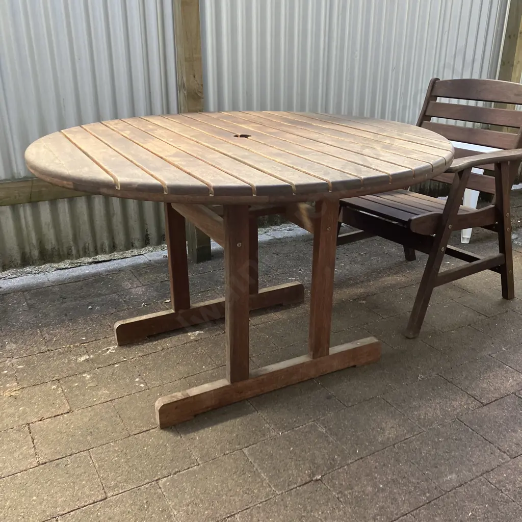 Icarus Collection Round Wooden Outdoor table (73 x 120cm) With Pair of Armed Wooden Chairs Image 1++