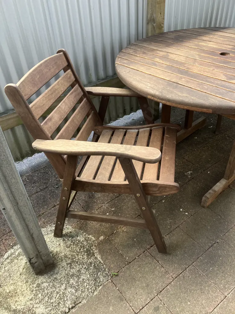 Icarus Collection Round Wooden Outdoor table (73 x 120cm) With Pair of Armed Wooden Chairs Image 1++
