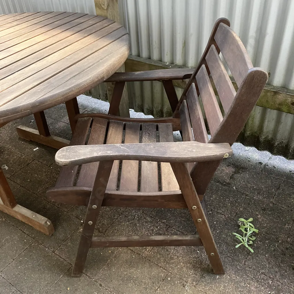 Icarus Collection Round Wooden Outdoor table (73 x 120cm) With Pair of Armed Wooden Chairs Image 1++