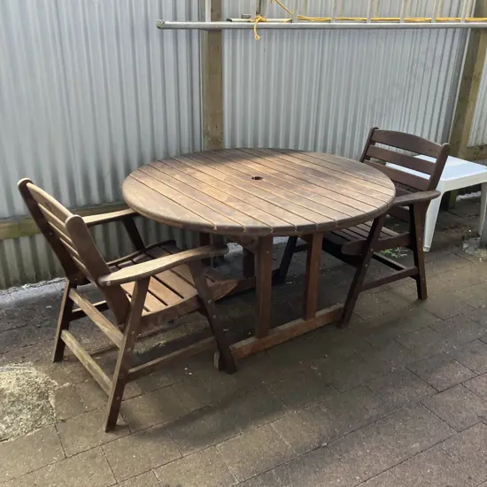 Icarus Collection Round Wooden Outdoor table (73 x 120cm) With Pair of Armed Wooden Chairs