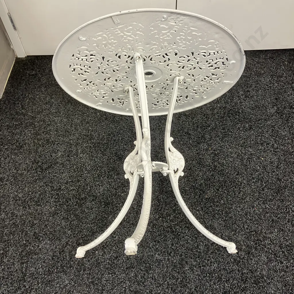 Vintage White Painted Ornate Cast Aluminum Garden Table. 64 x 68cm Image 1++