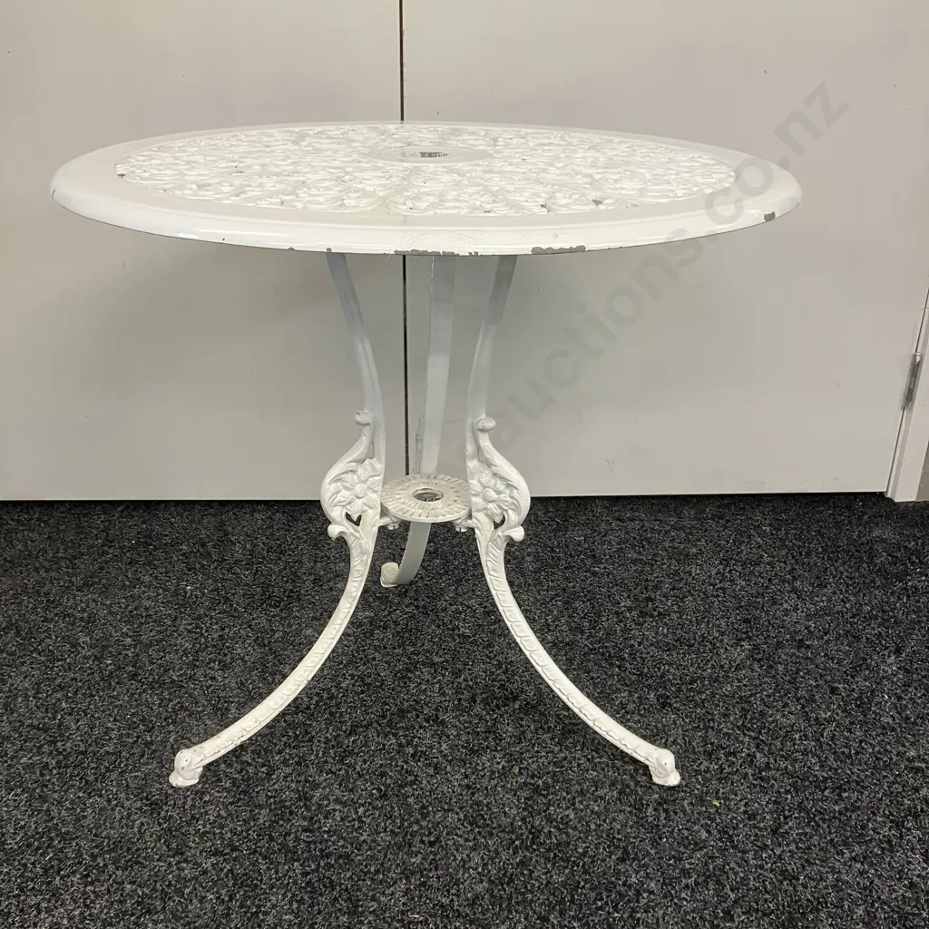 Vintage White Painted Ornate Cast Aluminum Garden Table. 64 x 68cm Image 1++