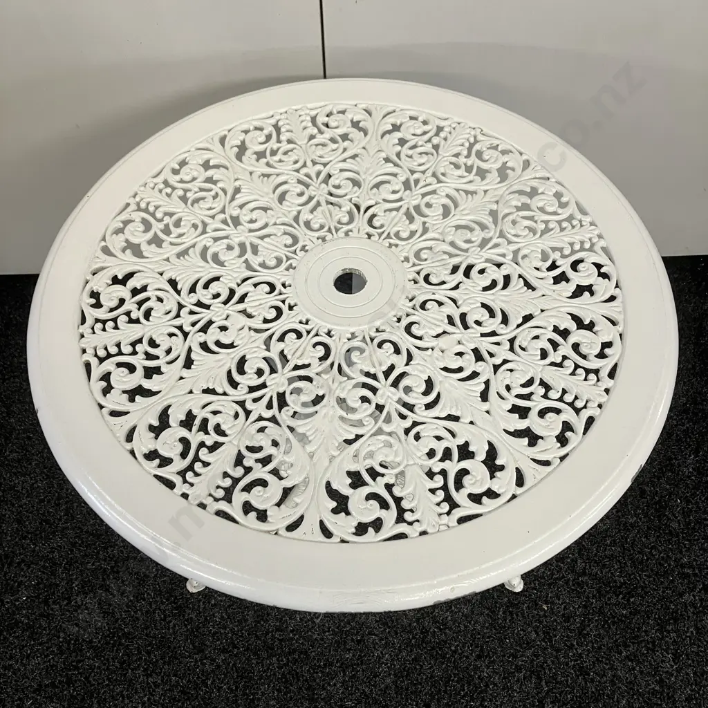Vintage White Painted Ornate Cast Aluminum Garden Table. 64 x 68cm Image 1++