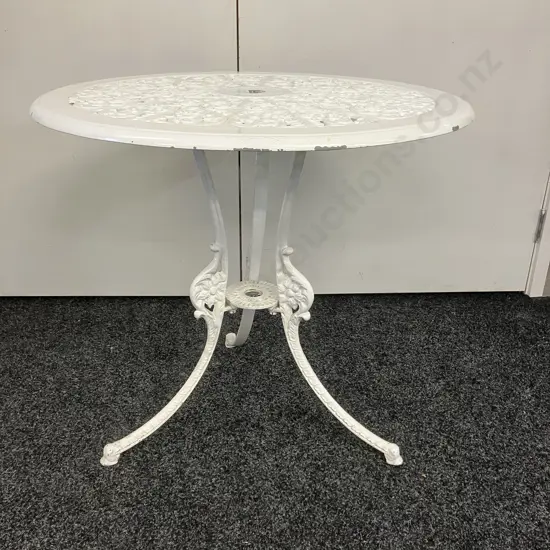 Vintage White Painted Ornate Cast Aluminum Garden Table. 64 x 68cm