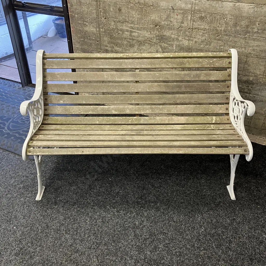 Vintage Edwardian Style Outdoor White Cast Iron Park Bench. H76 W126 D64cm Image 1++