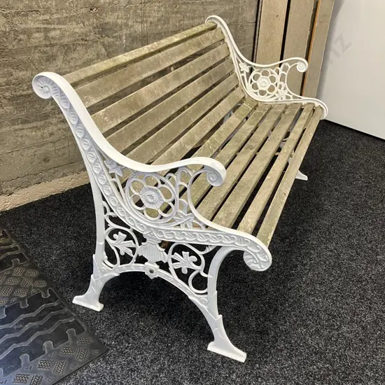 Vintage Edwardian Style Outdoor White Cast Iron Park Bench. H76 W126 D64cm