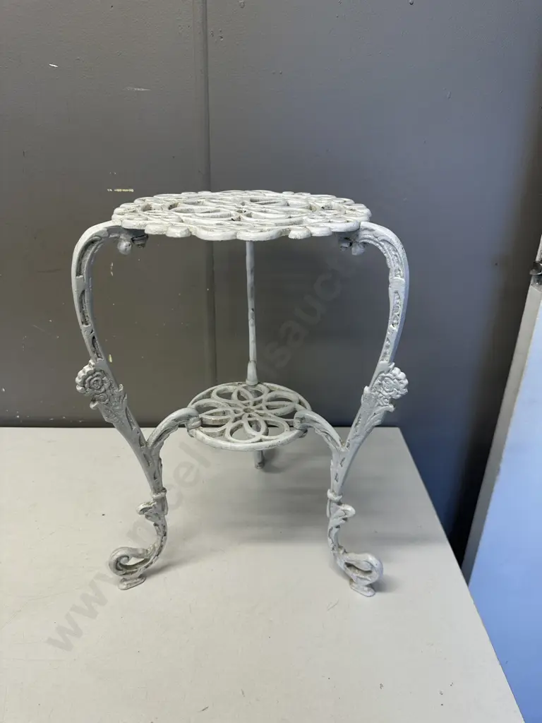 Painted White Ornate Two Tier Plant Stand Tri Leg H43cm. Image 1++
