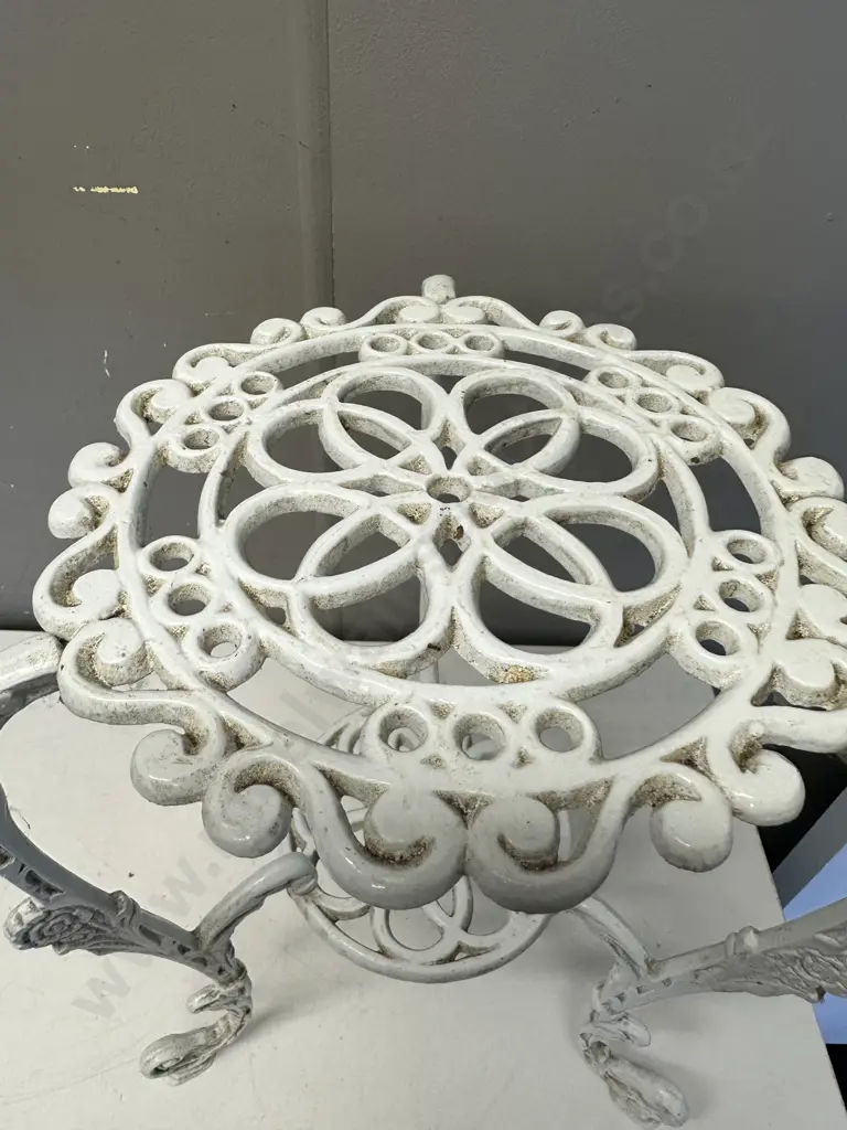 Painted White Ornate Two Tier Plant Stand Tri Leg H43cm. Image 1++