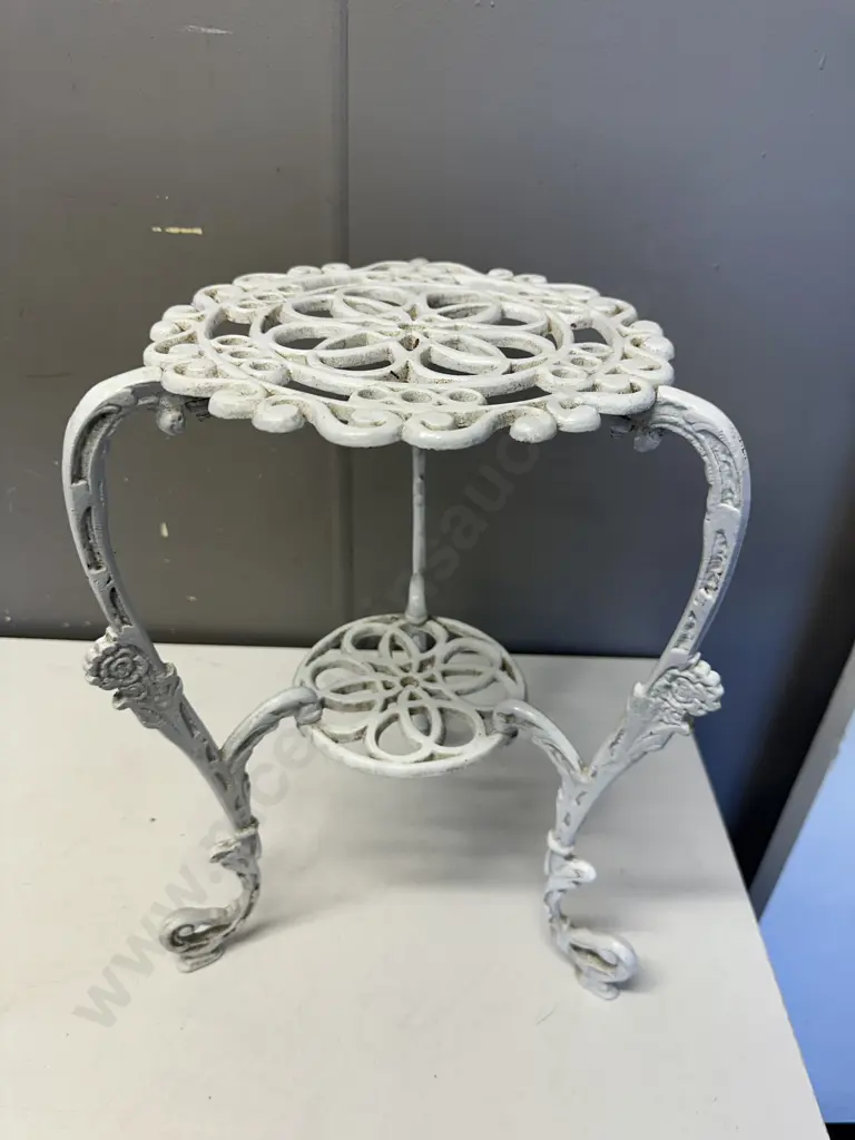 Painted White Ornate Two Tier Plant Stand Tri Leg H43cm. Image 1++