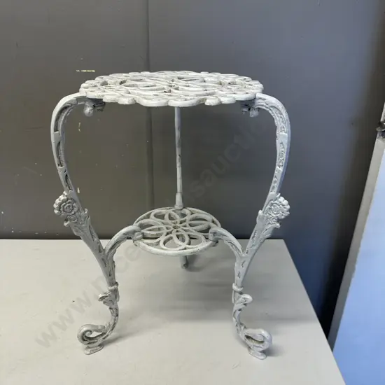 Painted White Ornate Two Tier Plant Stand Tri Leg H43cm.