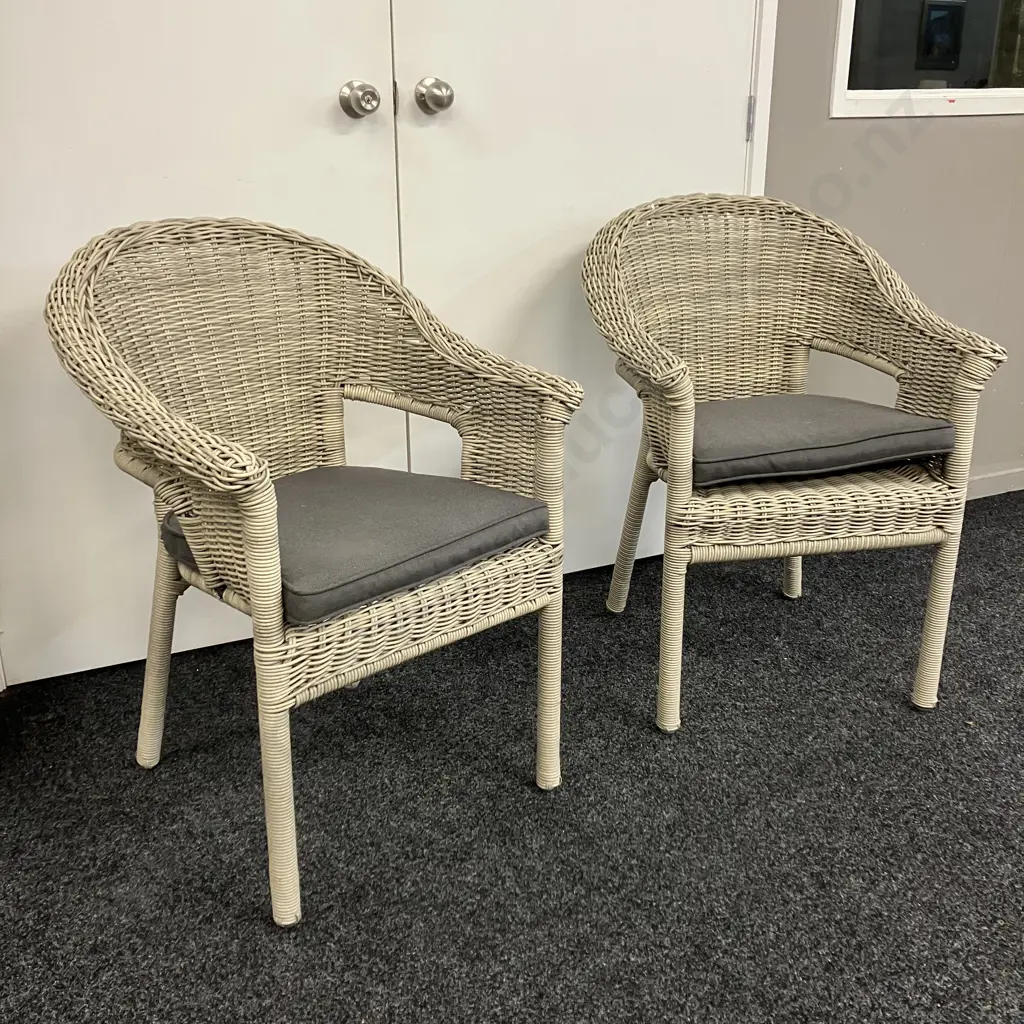 Pair of Grey Wicker Patio Armchairs With Grey Squabs Image 1++