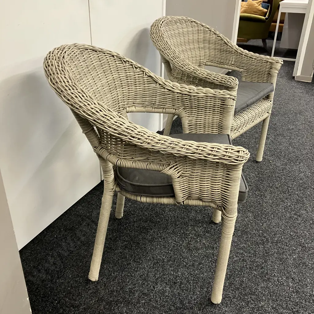 Pair of Grey Wicker Patio Armchairs With Grey Squabs Image 1++
