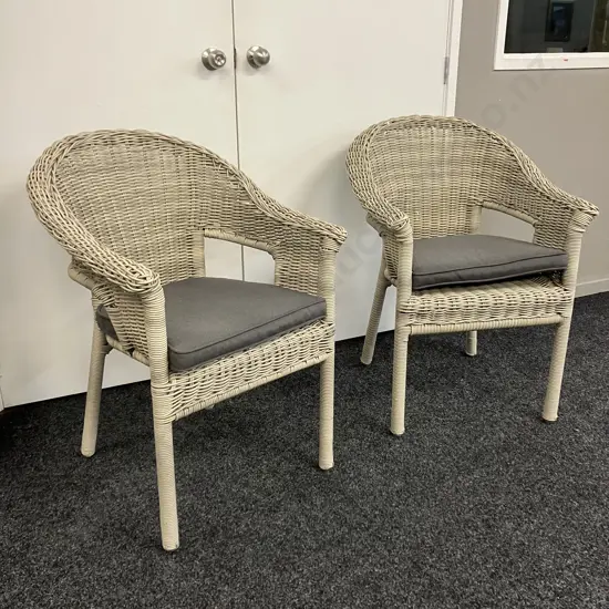 Pair of Grey Wicker Patio Armchairs With Grey Squabs