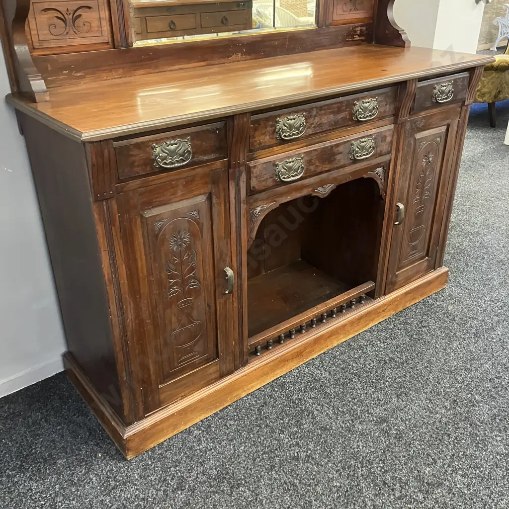 Victorian Carved Mahogany Mirror Back Sideboard, 4 Drawer, 3 Door, 2 Piece. H241 W152 D52cm Image 1++