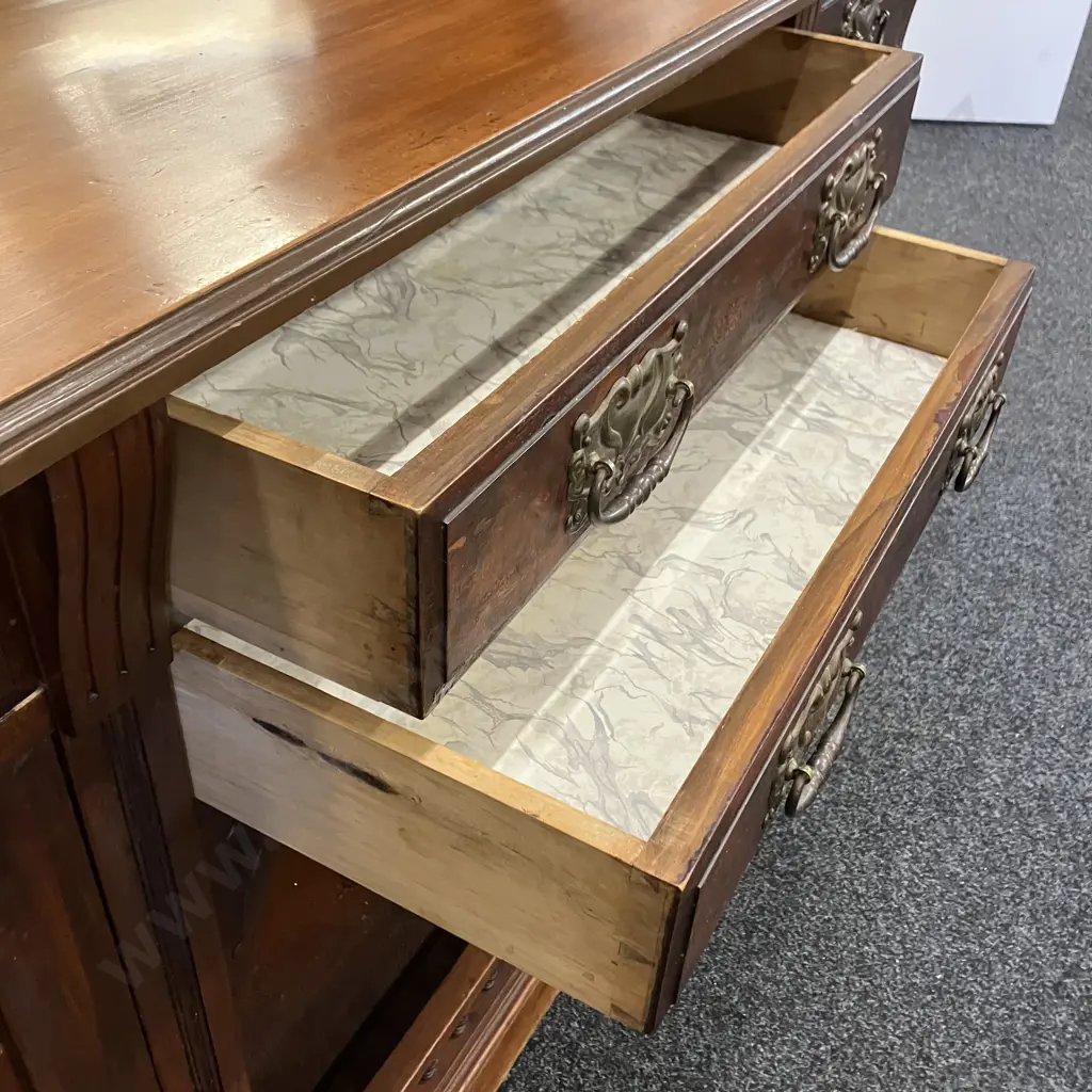 Victorian Carved Mahogany Mirror Back Sideboard, 4 Drawer, 3 Door, 2 Piece. H241 W152 D52cm Image 1++