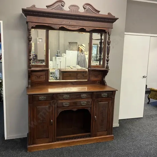 Victorian Carved Mahogany Mirror Back Sideboard, 4 Drawer, 3 Door, 2 Piece. H241 W152 D52cm