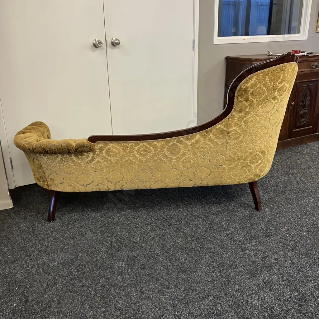 Victorian Mahogany Chaise, Gold Draylon Button Back Image 1++