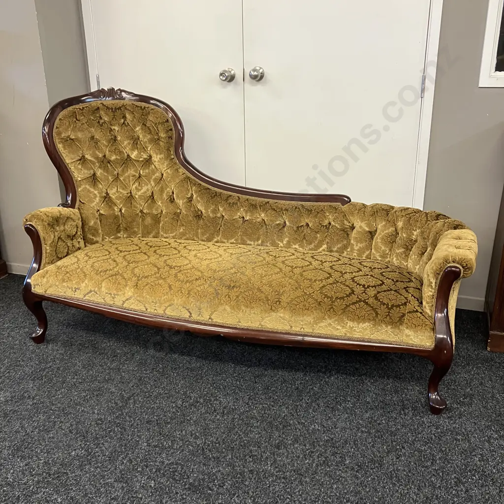 Victorian Mahogany Chaise, Gold Draylon Button Back Image 1++