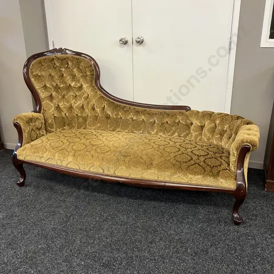 Victorian Mahogany Chaise, Gold Draylon Button Back