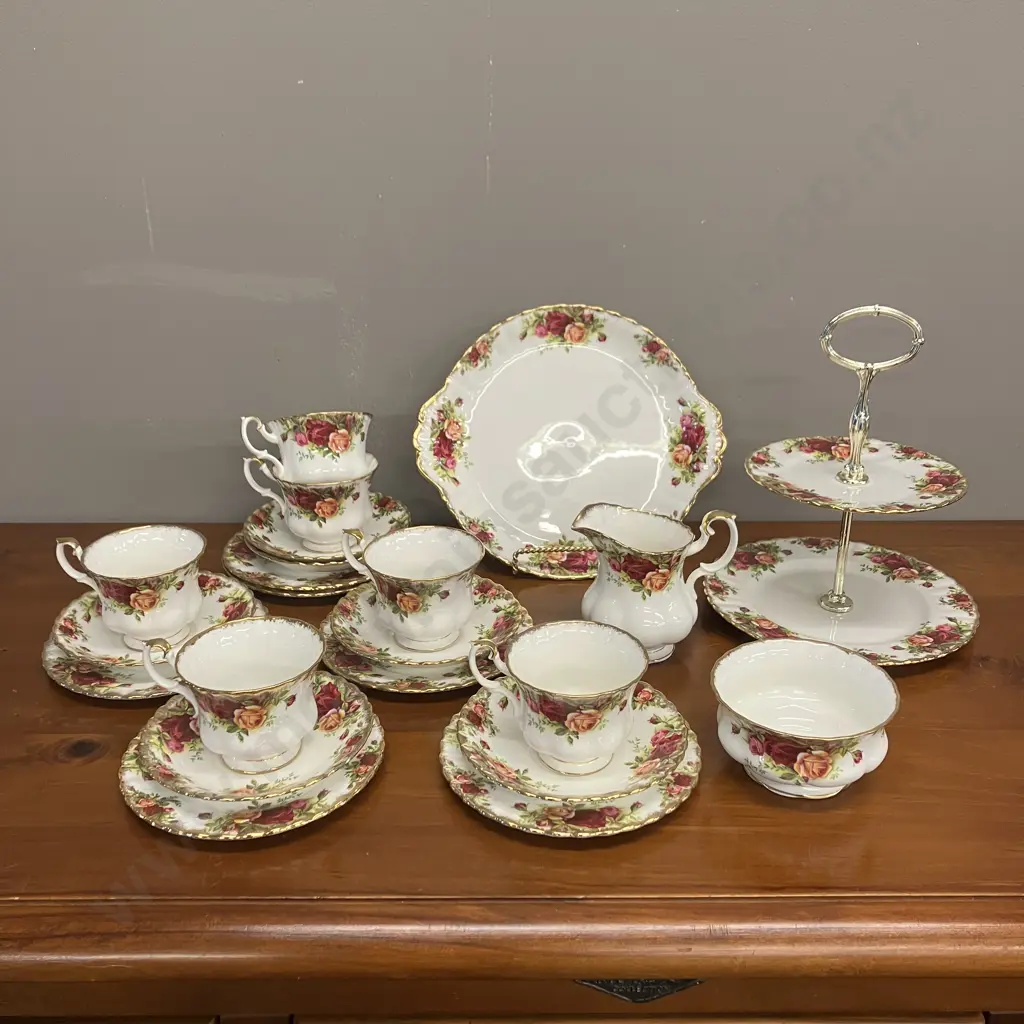 Royal Albert Old Country Roses (England) 22 Piece Tea Set - 6 x Trios, Tiered Cake Stand & Plate, Milk Jug & Sugar Bowl Image 1++
