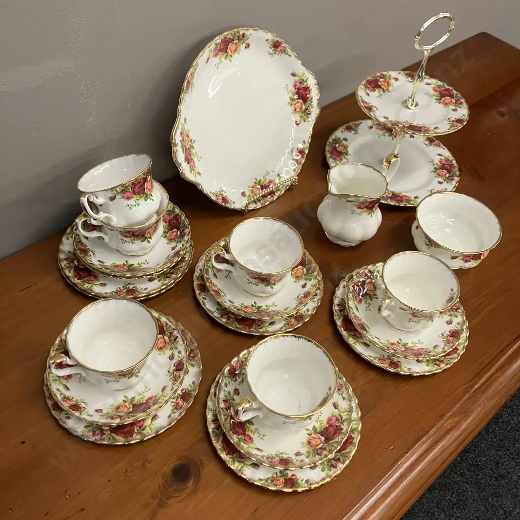 Royal Albert Old Country Roses (England) 22 Piece Tea Set - 6 x Trios, Tiered Cake Stand & Plate, Milk Jug & Sugar Bowl Image 1++