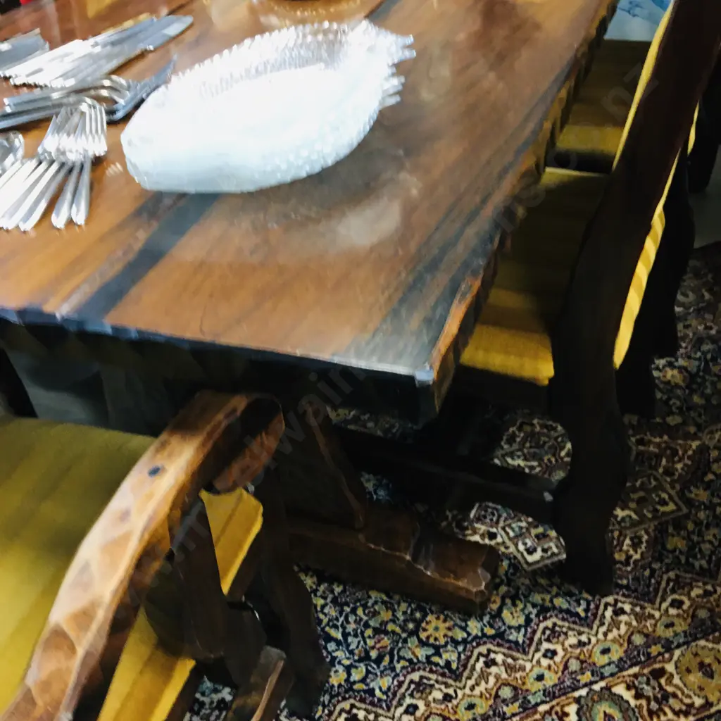 1970's Hand Carved Adzed Table & 6 Chairs Includes 2 Carvers. H71 W182 D89cm Image 1++