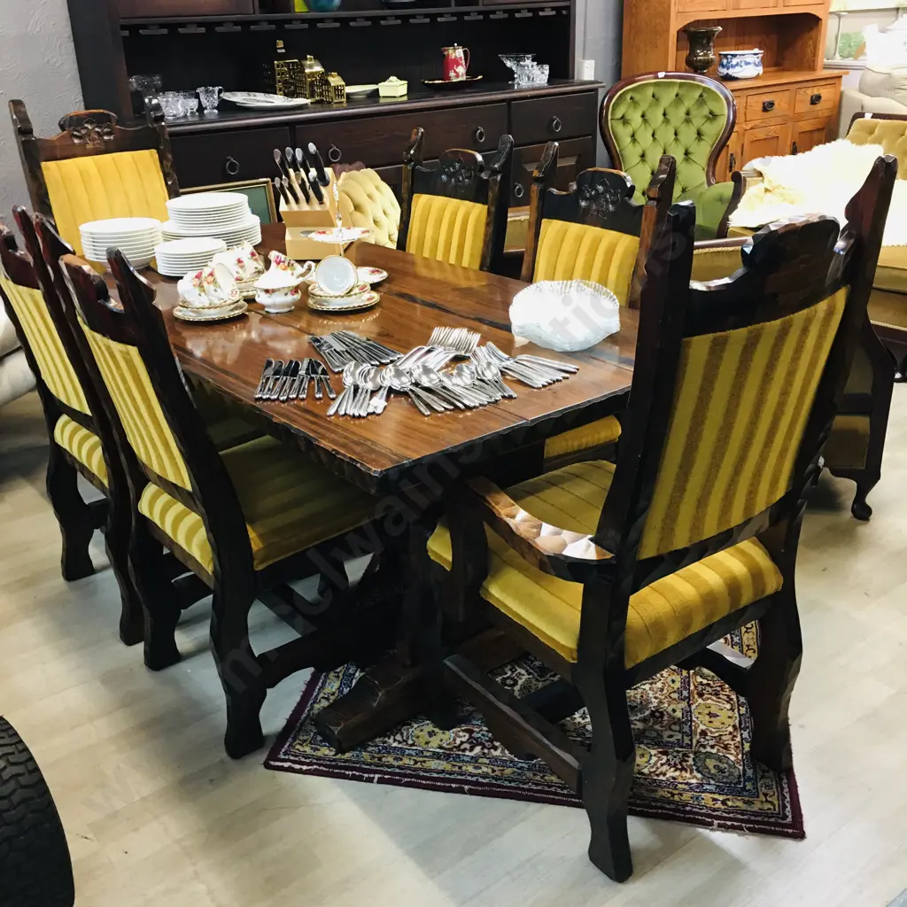 1970's Hand Carved Adzed Table & 6 Chairs Includes 2 Carvers. H71 W182 D89cm Image 1++