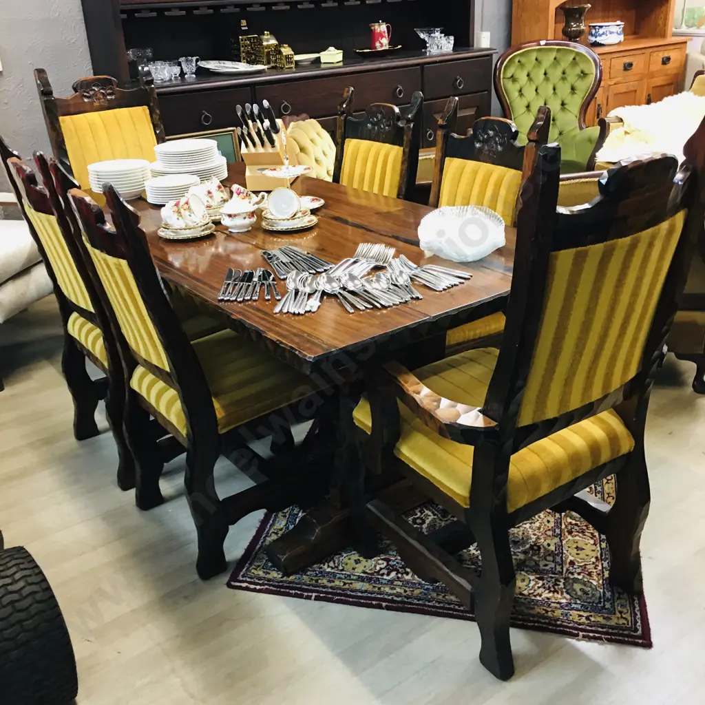 1970's Hand Carved Adzed Table & 6 Chairs Includes 2 Carvers. H71 W182 D89cm Image 1++