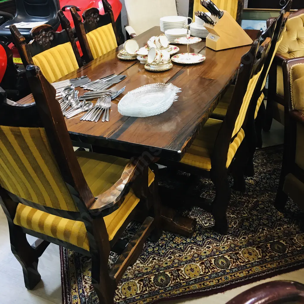 1970's Hand Carved Adzed Table & 6 Chairs Includes 2 Carvers. H71 W182 D89cm Image 1++