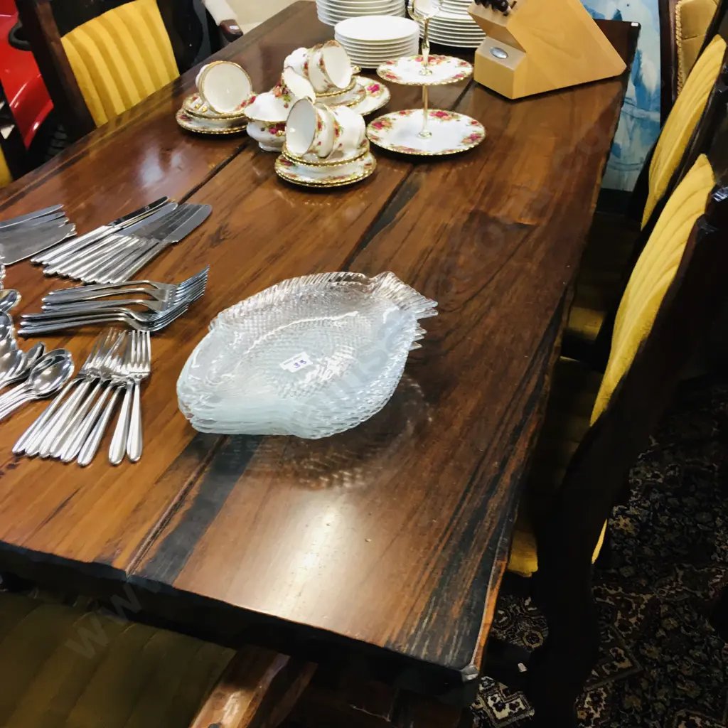 1970's Hand Carved Adzed Table & 6 Chairs Includes 2 Carvers. H71 W182 D89cm Image 1++