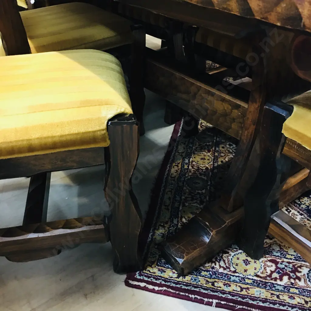 1970's Hand Carved Adzed Table & 6 Chairs Includes 2 Carvers. H71 W182 D89cm Image 1++