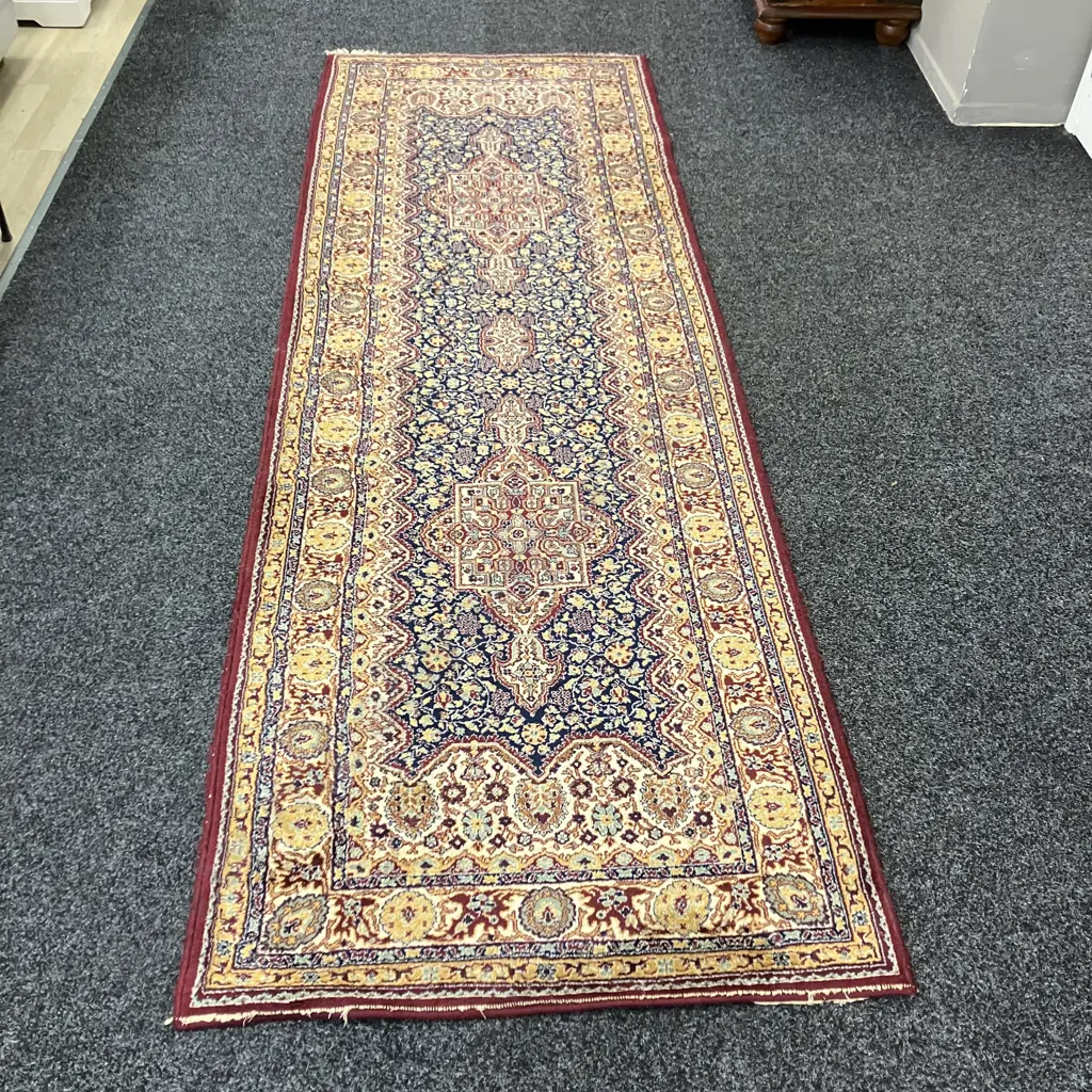 Floor Runner - Navy & Burgundy Tones. 300 x 88cm (As Found Condition) Image 1++