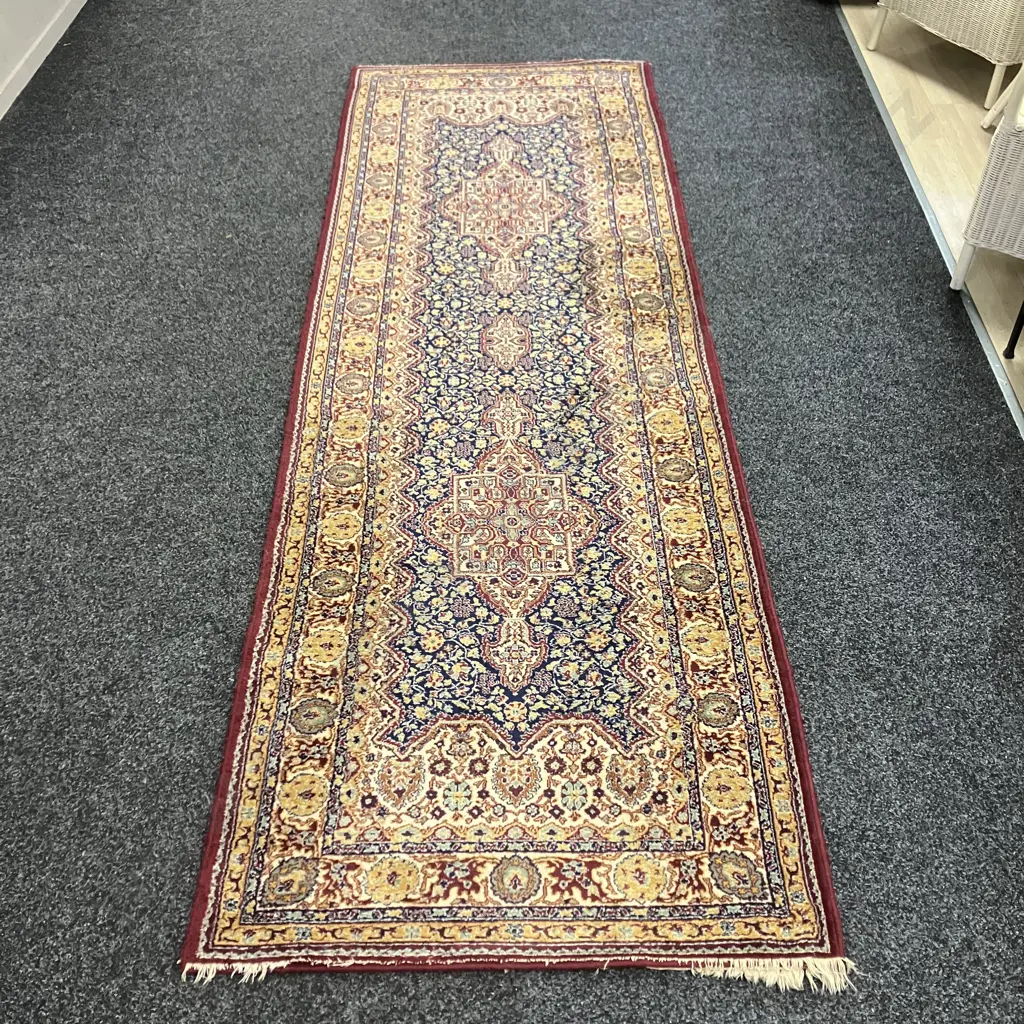 Floor Runner - Navy & Burgundy Tones. 300 x 88cm (As Found Condition) Image 1++