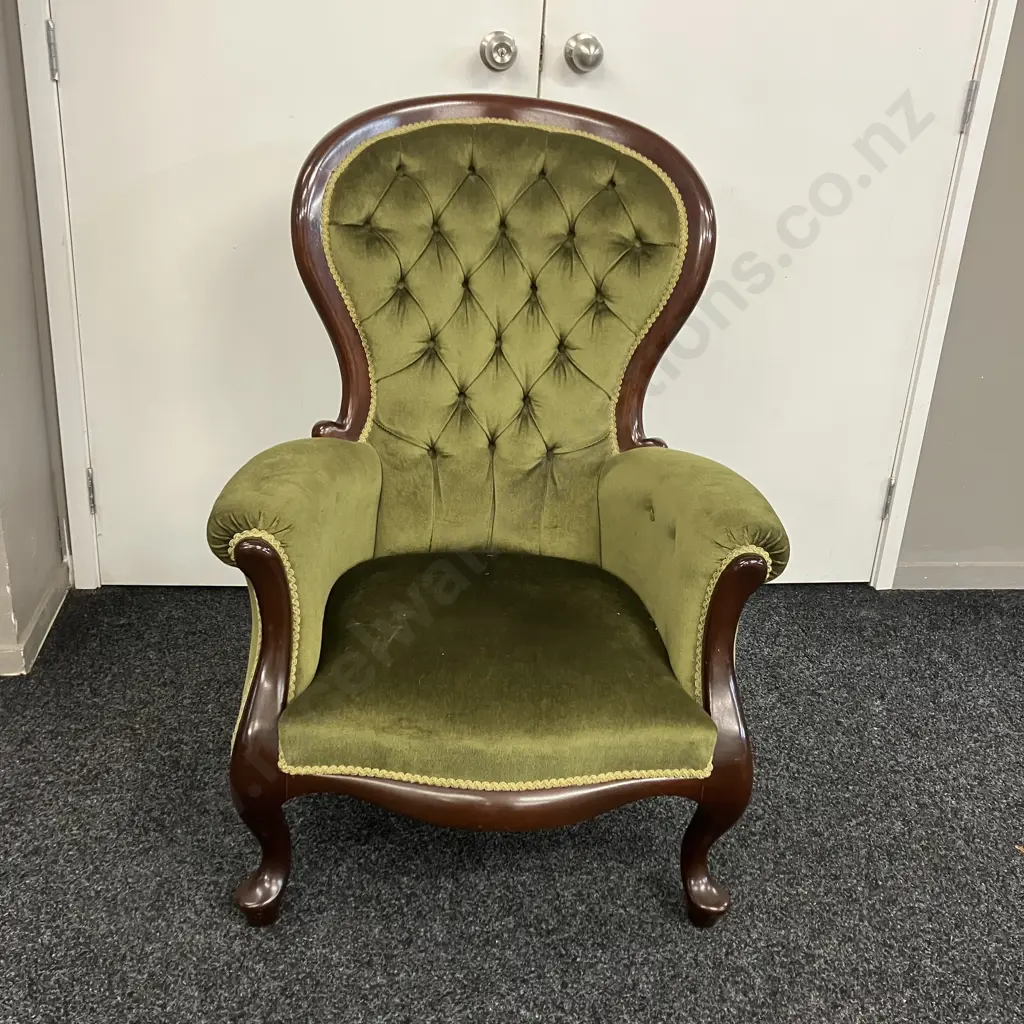 Queen Anne Style Mahogany Grandfather Chair With Green Draylon Button Back Image 1++