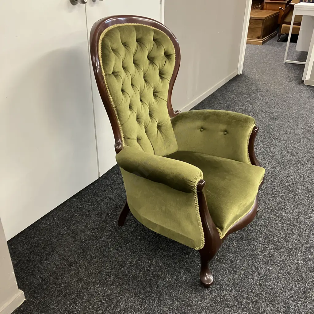 Queen Anne Style Mahogany Grandfather Chair With Green Draylon Button Back Image 1++