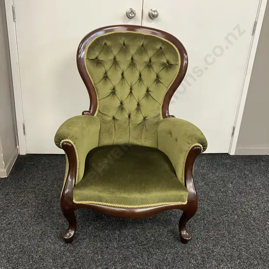Queen Anne Style Mahogany Grandfather Chair With Green Draylon Button Back