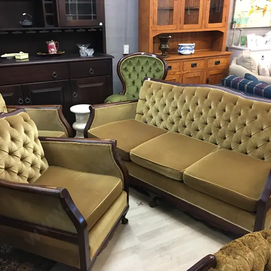 Queen Anne Style Lounge Suite, Gold Draylon Upholstered Button Back