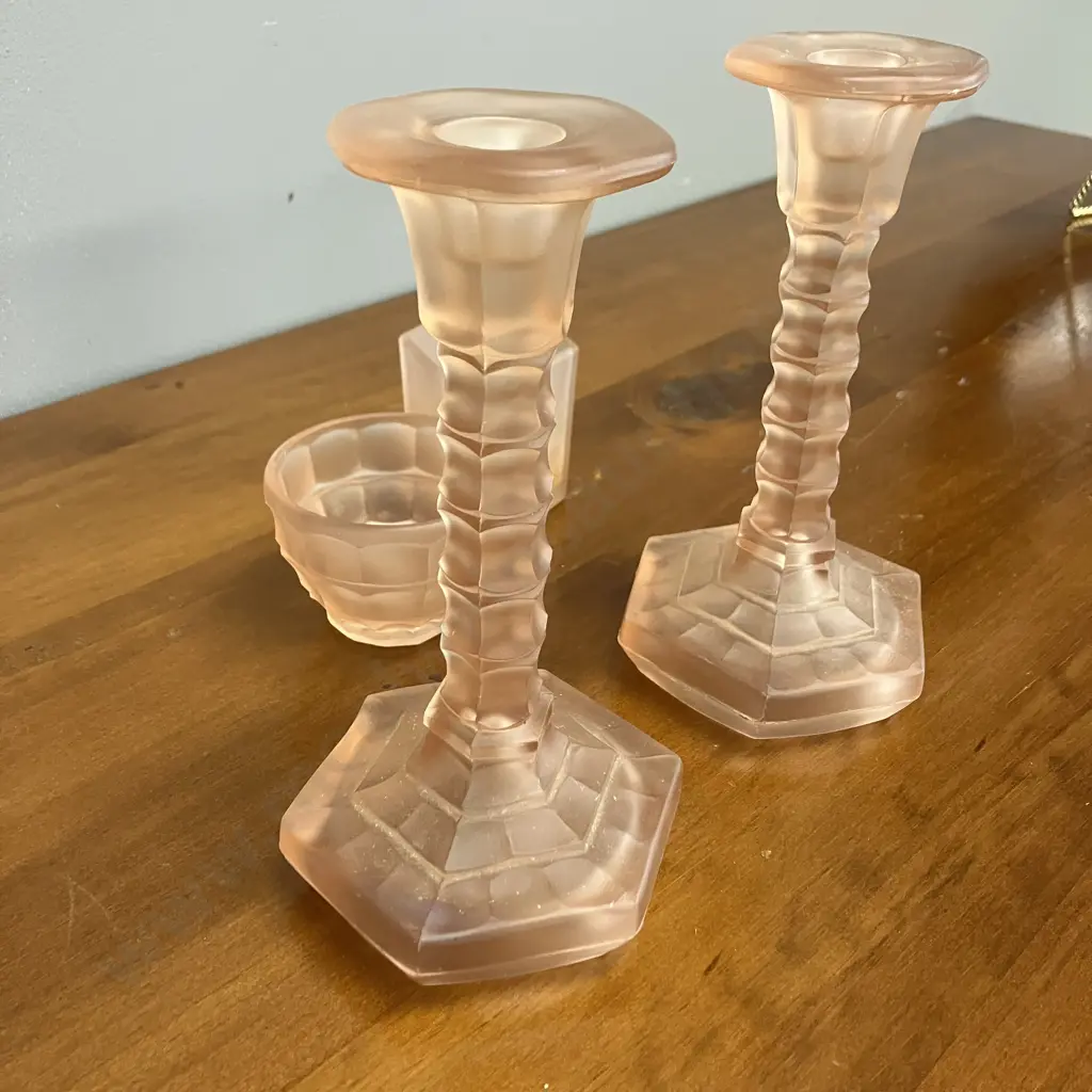 1930s Walther & Sohner (German) Pink Pressed Glass Candlesticks "Mary" H18cm. Pink Glass Dish & Candle Image 1++