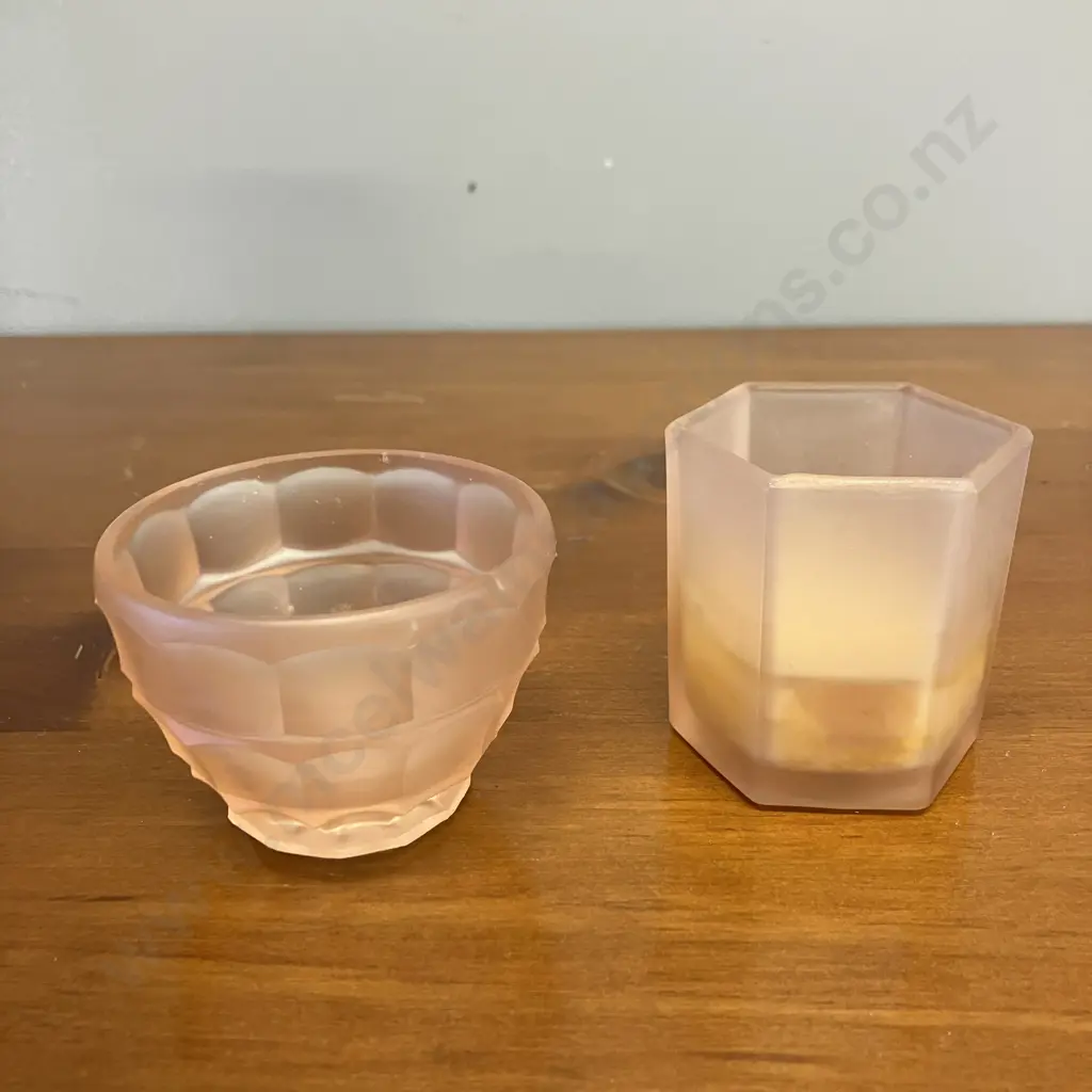 1930s Walther & Sohner (German) Pink Pressed Glass Candlesticks "Mary" H18cm. Pink Glass Dish & Candle Image 1++