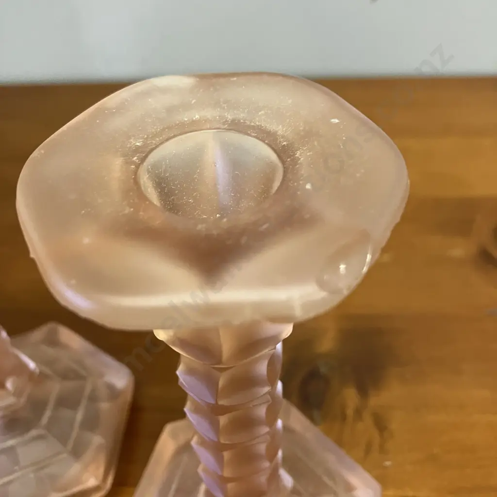 1930s Walther & Sohner (German) Pink Pressed Glass Candlesticks "Mary" H18cm. Pink Glass Dish & Candle Image 1++