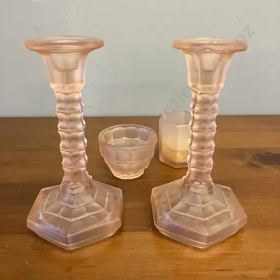 1930s Walther & Sohner (German) Pink Pressed Glass Candlesticks "Mary" H18cm. Pink Glass Dish & Candle